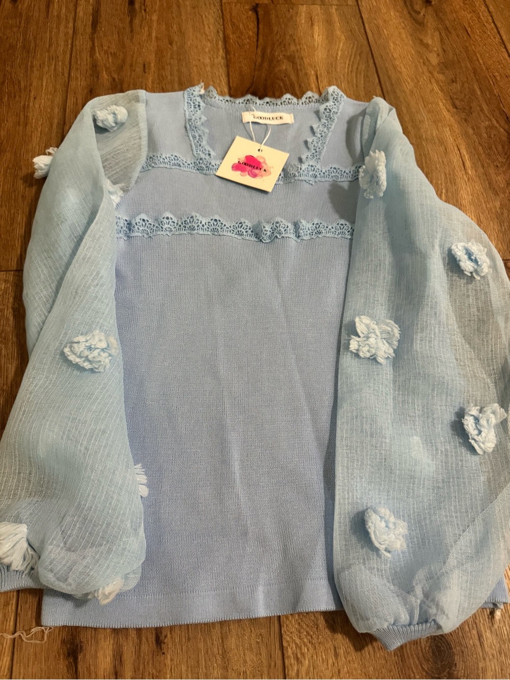 Goodluck Light Blue Puff Sleeve Knit Top with Floral Appliqué size small